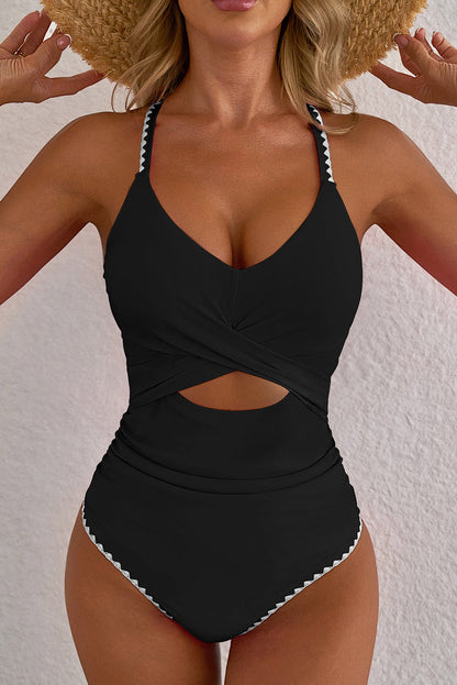 Rose Red Ric Rac Trim Contrasted Patchwork Cutout One Piece Swimsuit