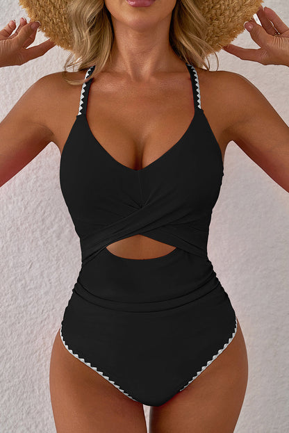 Rose Red Ric Rac Trim Contrasted Patchwork Cutout One Piece Swimsuit