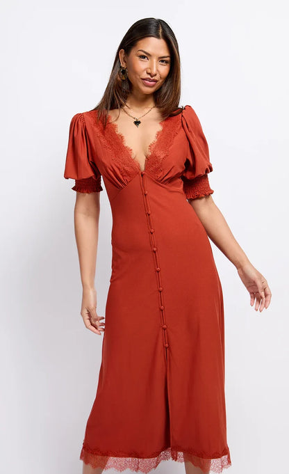 Sara Lace Trim Midaxi Dress (Copper)