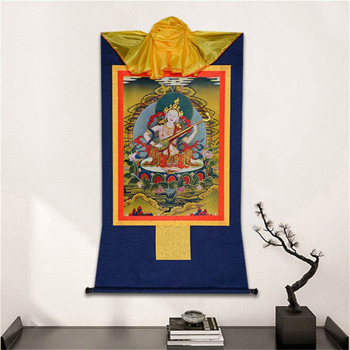 Saraswati - Tibetan thangka painting, detailed view