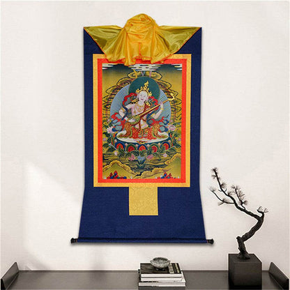 Saraswati - Tibetan thangka painting, detailed view
