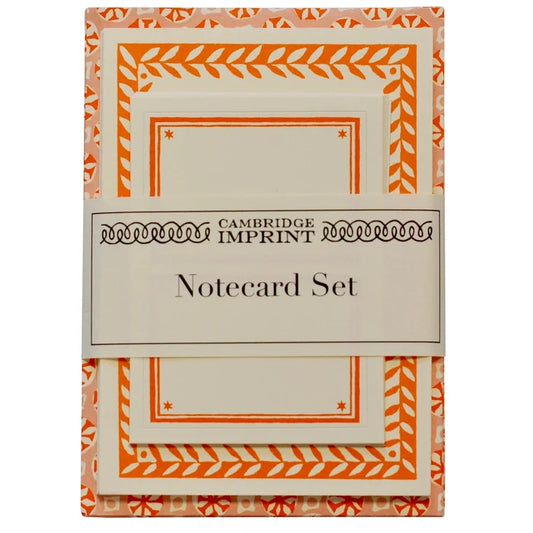 Cambridge Imprint notecard set with decorative orange border on beige background