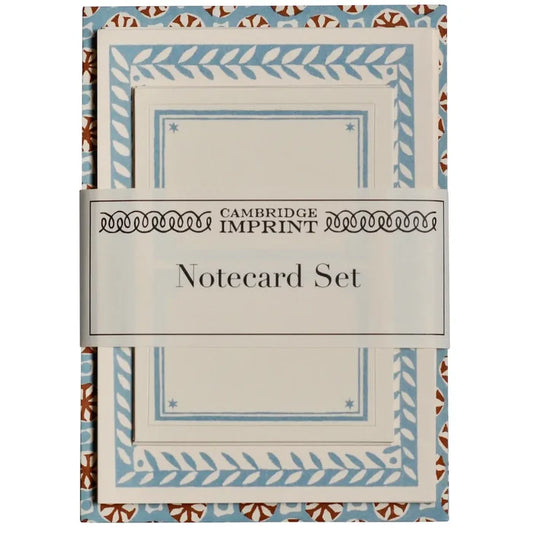 Cambridge Imprent notecard set in a decorative envelope-style packaging with blue and brown patterned borders and a central white label reading 'CAMBRIDGE IMPRINT Notecard Set'.