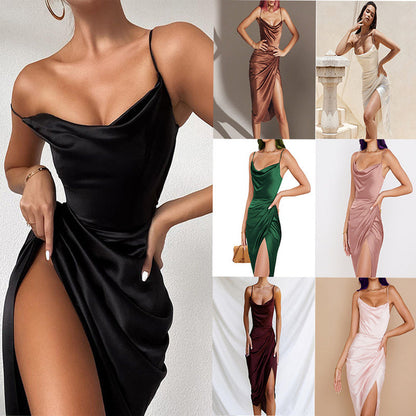 Sexy Slit Satin Dress side slit detail – leg-elongating cut