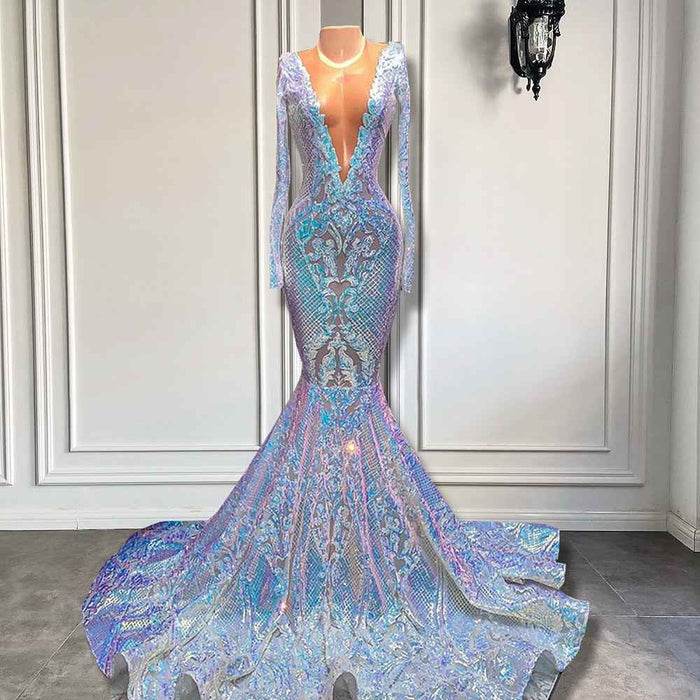 Sheer O-Neck Long Sleeve Prom Dress for Elegant Evening Wear
