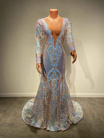 Sheer O-Neck Long Sleeve Prom Dress for Elegant Evening Wear