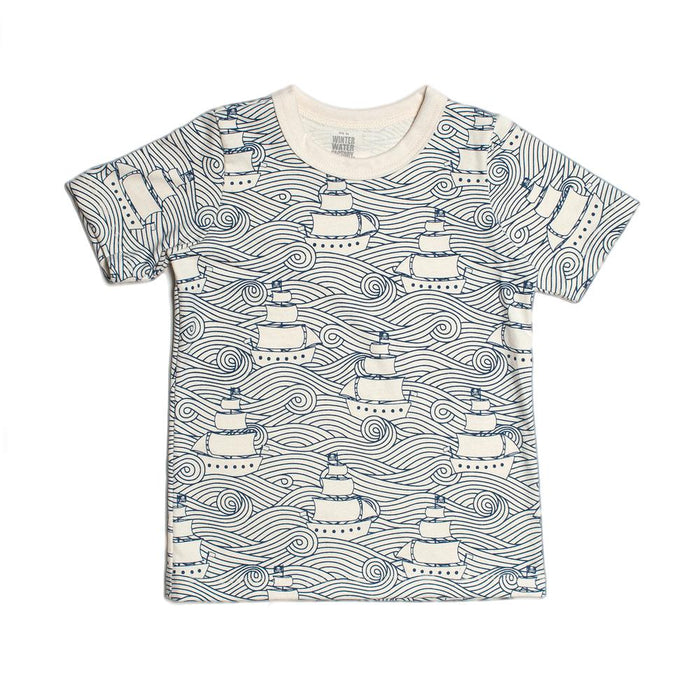 Children's t-shirt with ship pattern on a white background