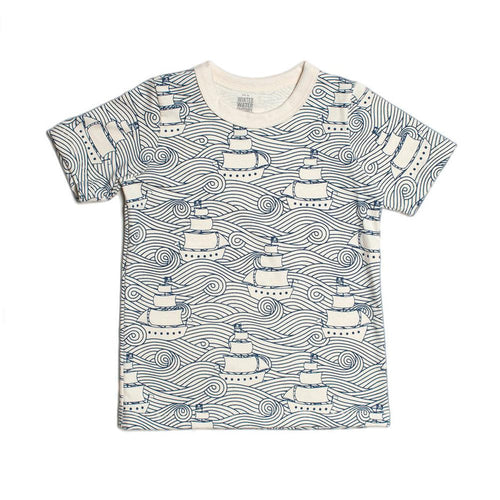 Children's t-shirt with ship pattern on a white background