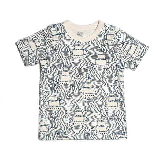 Children's t-shirt with ship pattern on a white background