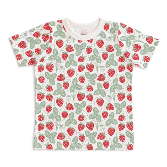A short-sleeved t-shirt with an all-over strawberries print on a white background.
