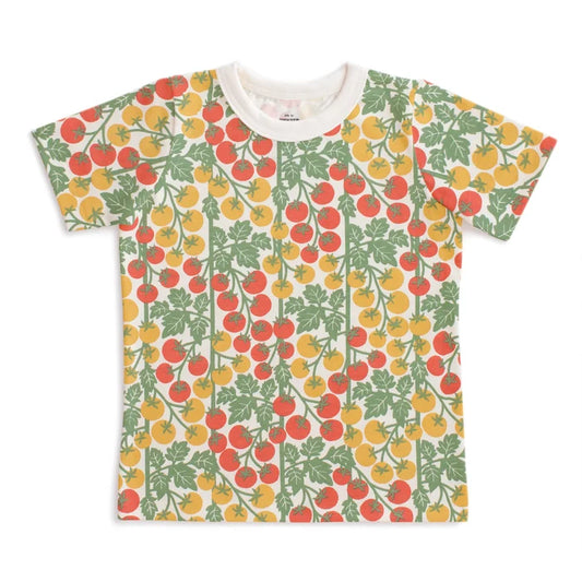 T-shirt with a colorful tomato pattern on a white background