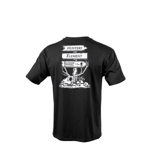 Black t-shirt with white graphic and text on a white background