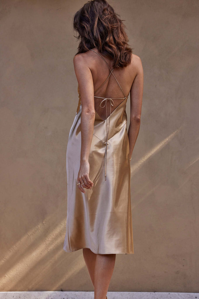 Grace Loves Lace Silky Satin Midi Dress Gold Back