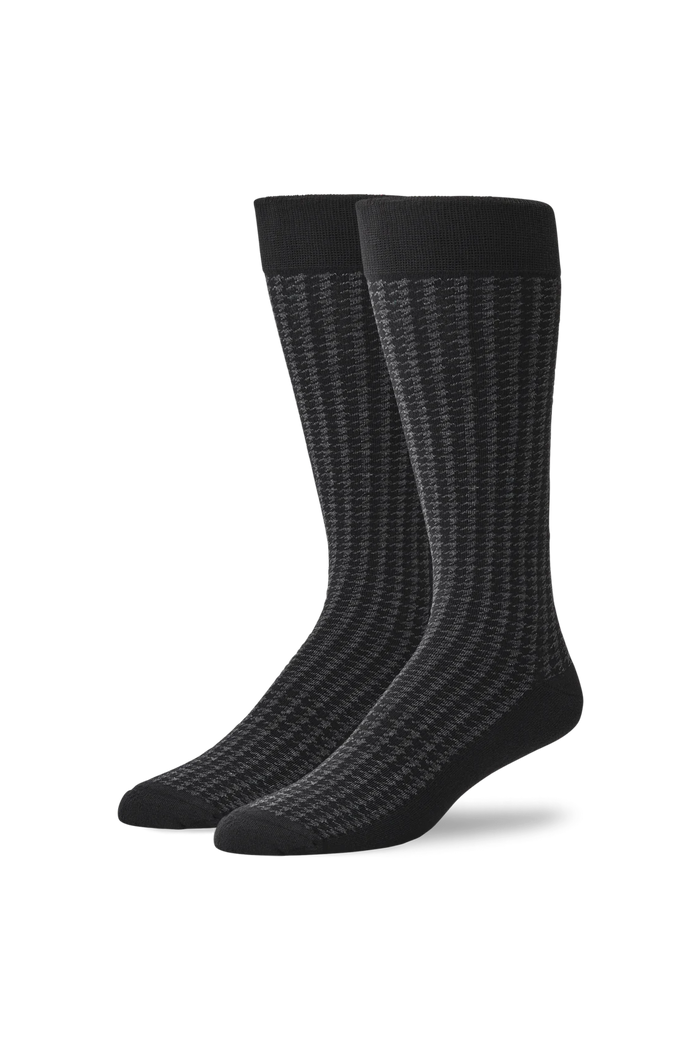 Charcoal Heather Houndstooth | Front view of Silver Extended Crew Dress Sock in Charcoal Heather Houndstooth
