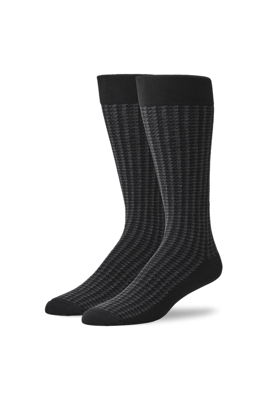 Charcoal Heather Houndstooth | Front view of Silver Extended Crew Dress Sock in Charcoal Heather Houndstooth