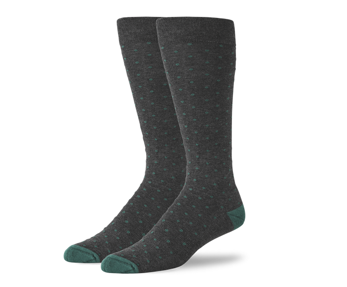 Charcoal Heather Vetiver Dots | Front view of Silver Extended Crew Dress Sock in Charcoal Heather Vetiver Dots