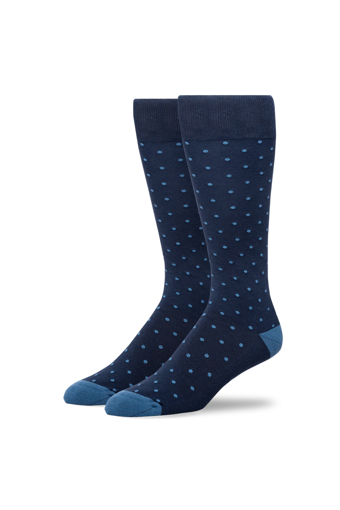 True Navy Dot | Front view of Silver Extended Crew Dress Sock in True Navy Dot