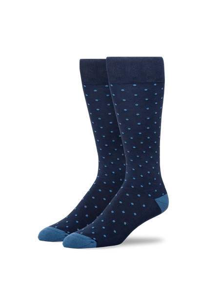 True Navy Dot | Front view of Silver Extended Crew Dress Sock in True Navy Dot