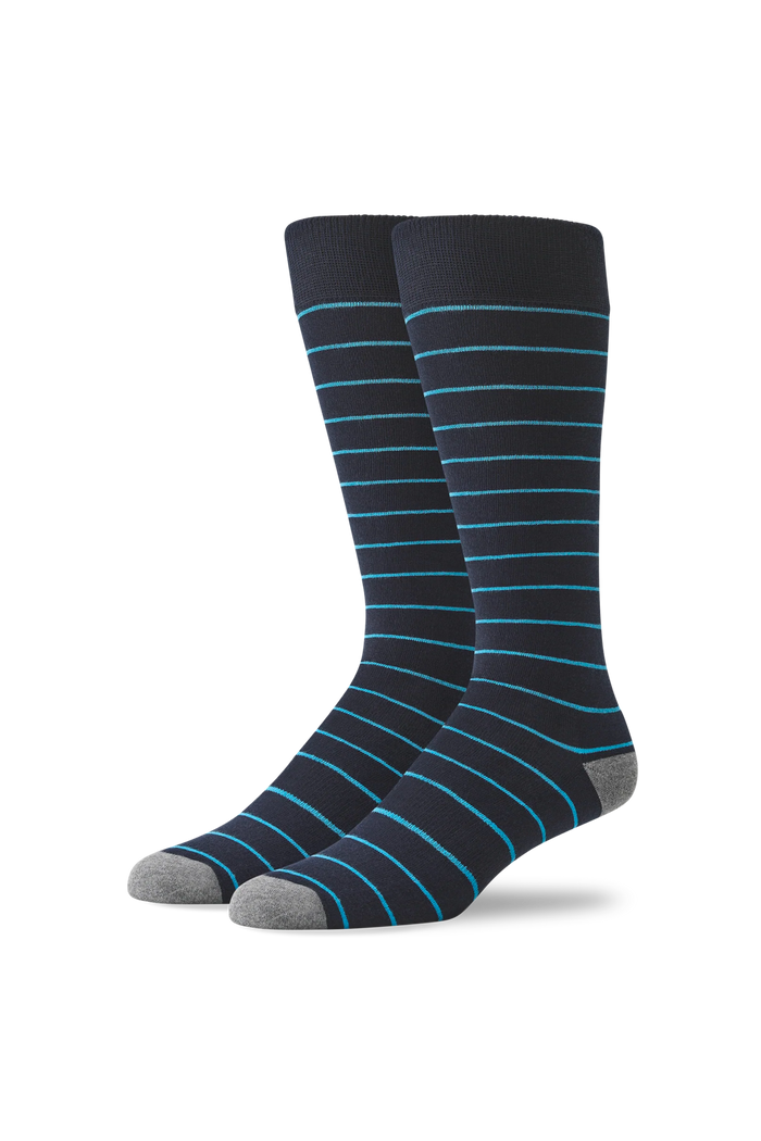 Total Eclipse Blue / Splash Feeder Stripe | Front view of Silver Extended Crew Dress Sock in Total Eclipse Blue / Splash Feeder Stripe