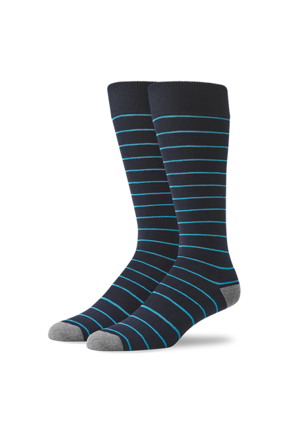Total Eclipse Blue / Splash Feeder Stripe | Front view of Silver Extended Crew Dress Sock in Total Eclipse Blue / Splash Feeder Stripe