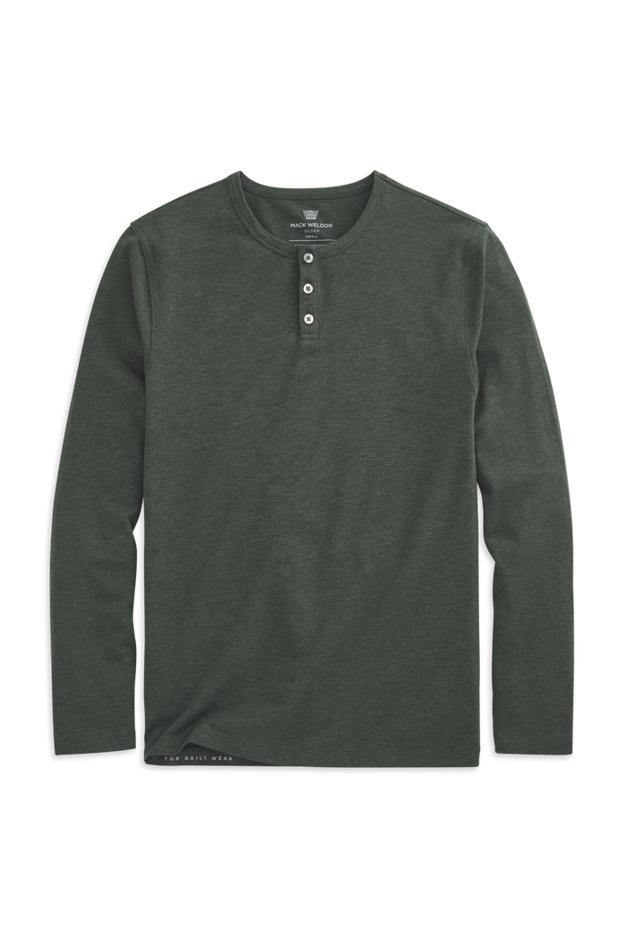 Tannenbaum Heather | Front view of Silver Long Sleeve Henley in Tannenbaum Heather