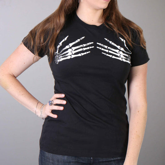 Skeleton Hands T-Shirt: Description
This ladies t-shirt in the color Black features two skeleton hands coping a feel