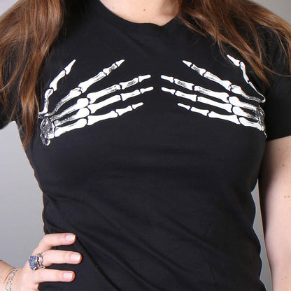 Skeleton Hands T-Shirt: Description
This ladies t-shirt in the color Black features two skeleton hands coping a feel