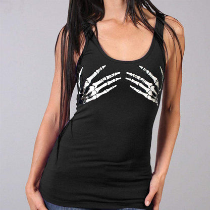 Skeleton Hands Tank Top: DescriptionThis form fitting tank in color black with thick straps features two skeleton hands copin