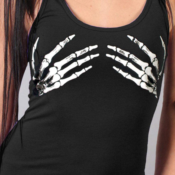 Skeleton Hands Tank Top: DescriptionThis form fitting tank in color black with thick straps features two skeleton hands copin