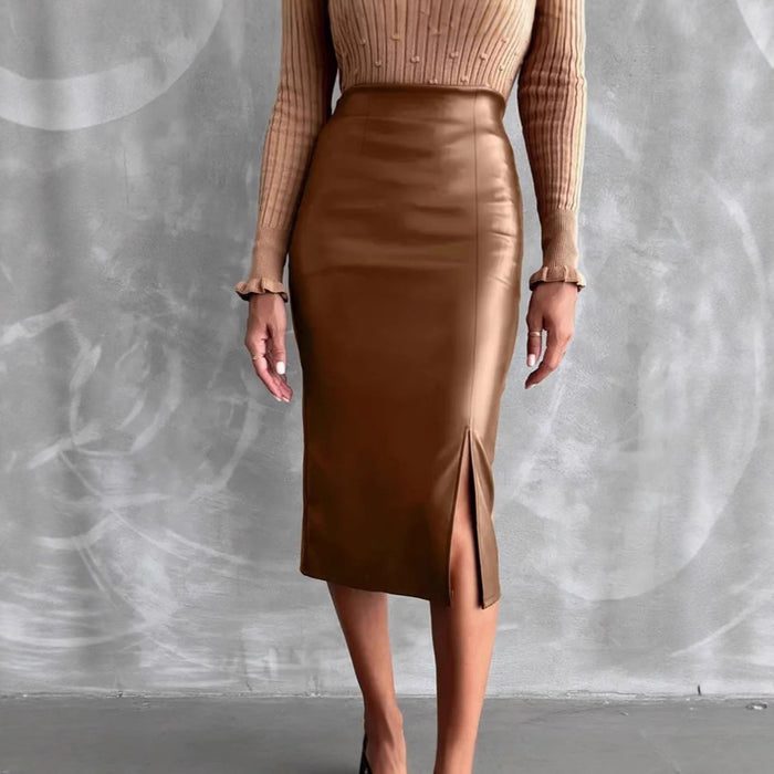 Stylish high waist leather skirt paired with knit top, demonstrating all-matching appeal for office-to-evening transitions with effortless poise