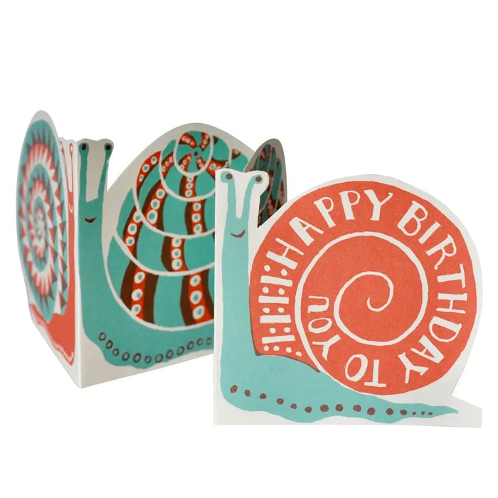 A foldable birthday card with a snail design, featuring a red envelope with 'Happy Birthday' text and spaces to write names, alongside a green snail with patterned shells.