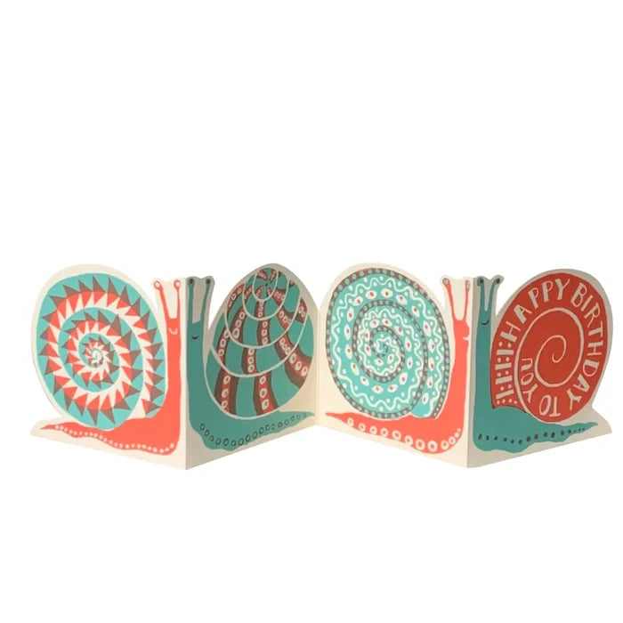 A foldable birthday card with a snail design, featuring a red envelope with 'Happy Birthday' text and spaces to write names, alongside a green snail with patterned shells.