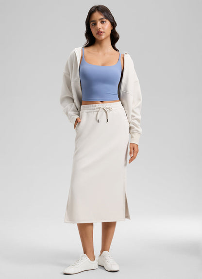 CRZ YOGA Women's SoftAura Midi Pencil Skirts High Waisted Drawstring Milky White