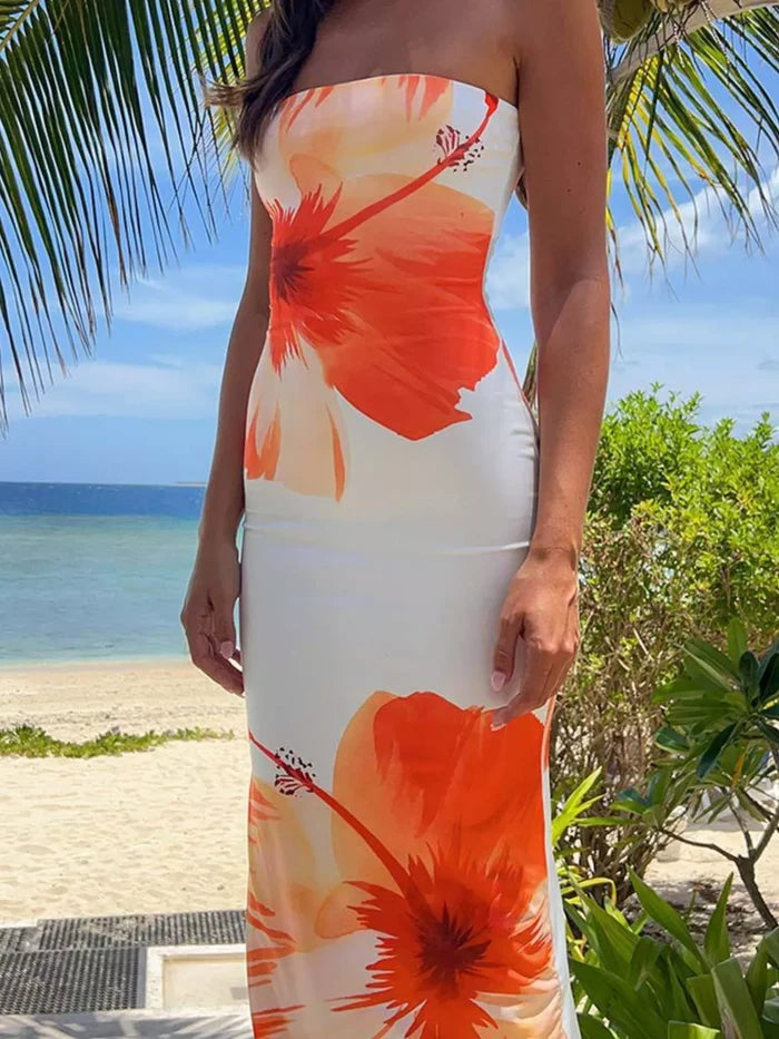 summer strapless maxi dress floral print bodycon silhouette in white, orange-red flowers for beach wedding guests