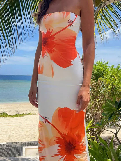 summer strapless maxi dress floral print bodycon silhouette in white, orange-red flowers for beach wedding guests