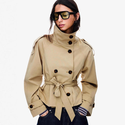 Double-Breasted Charm: Stylish Women's Short Trench Coat for Urban Commute Looks