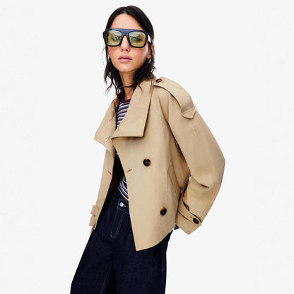 Temperament Icon: Dark Khaki Women's Short Trench Coat with Button Accents