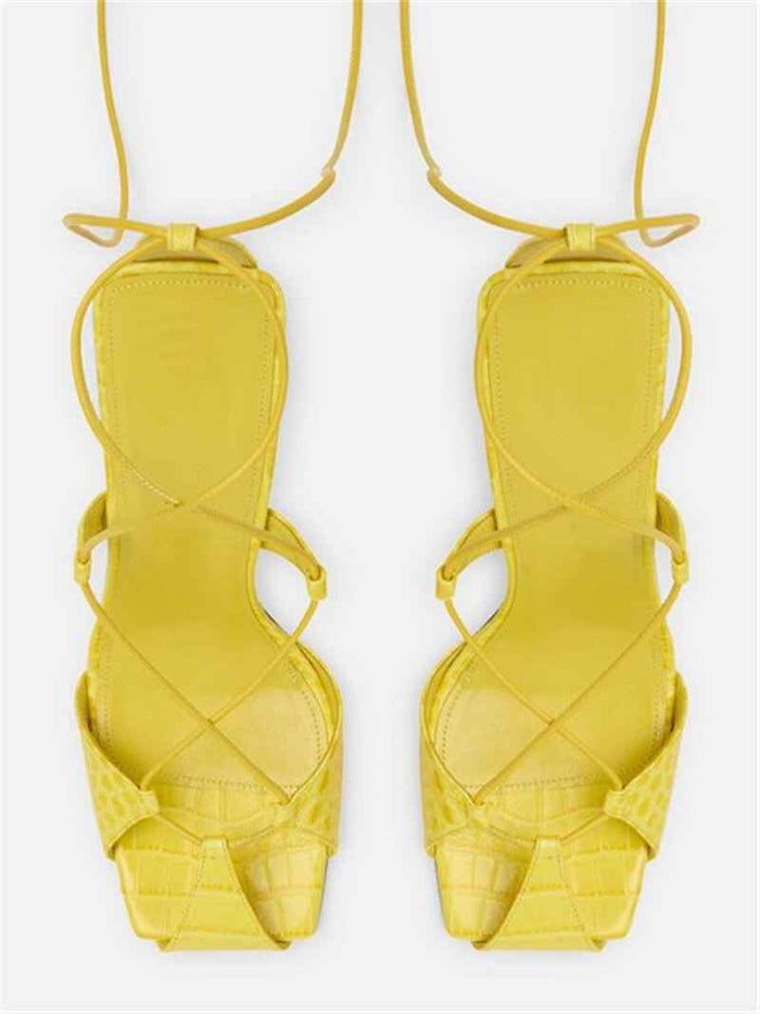 Summer Color-Blocking High-Heeled Strappy Sandals Square Toe