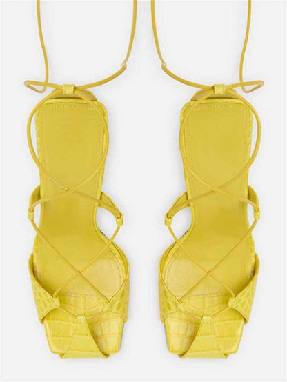 Summer Color-Blocking High-Heeled Strappy Sandals Square Toe