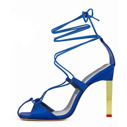 Summer Color-Blocking High-Heeled Strappy Sandals Square Toe