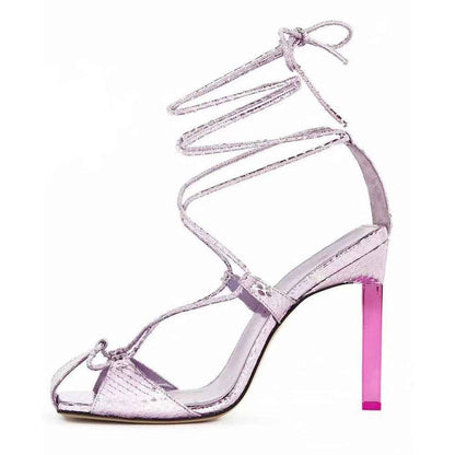 Summer Color-Blocking High-Heeled Strappy Sandals Square Toe