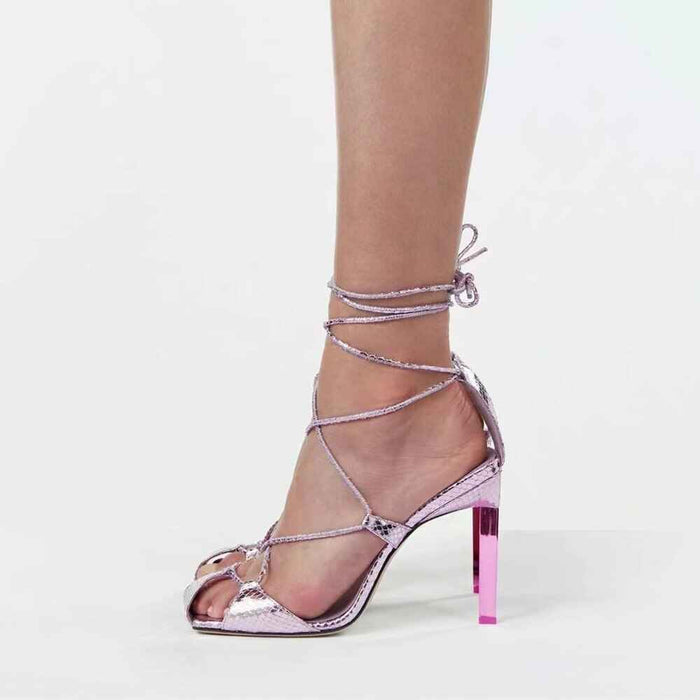 Summer Color-Blocking High-Heeled Strappy Sandals Square Toe