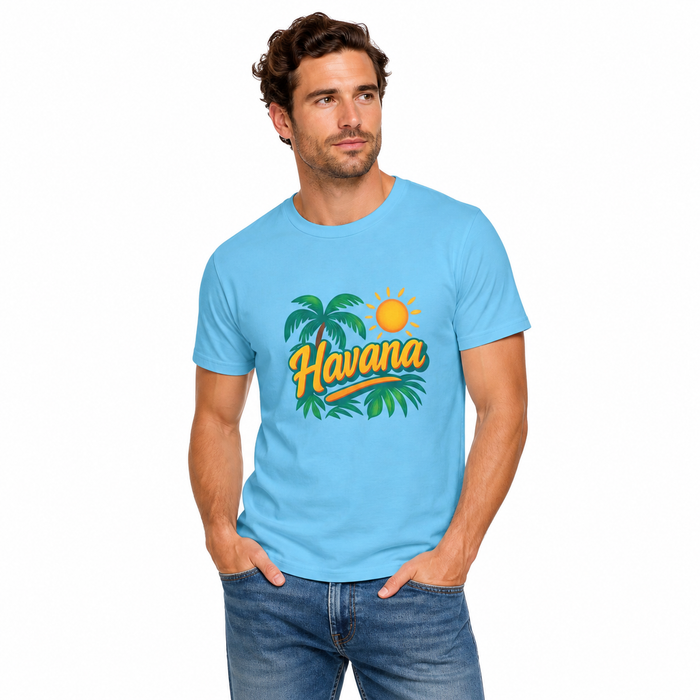 Tropical tee close-up showing ribbed collar and colorful vacation print