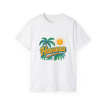 Beach-ready graphic tee paired with sandals, shorts, and a canvas tote