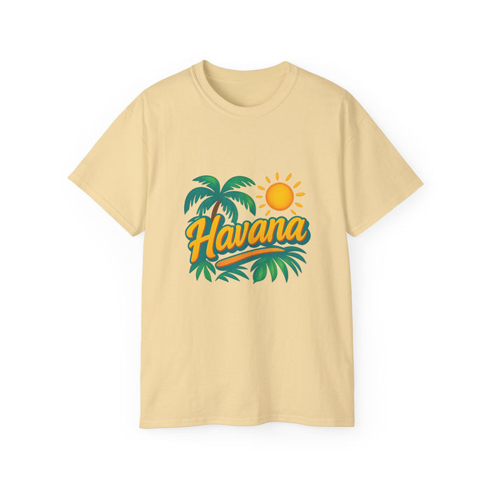 Unisex graphic tee in black with bright tropical artwork and relaxed fit