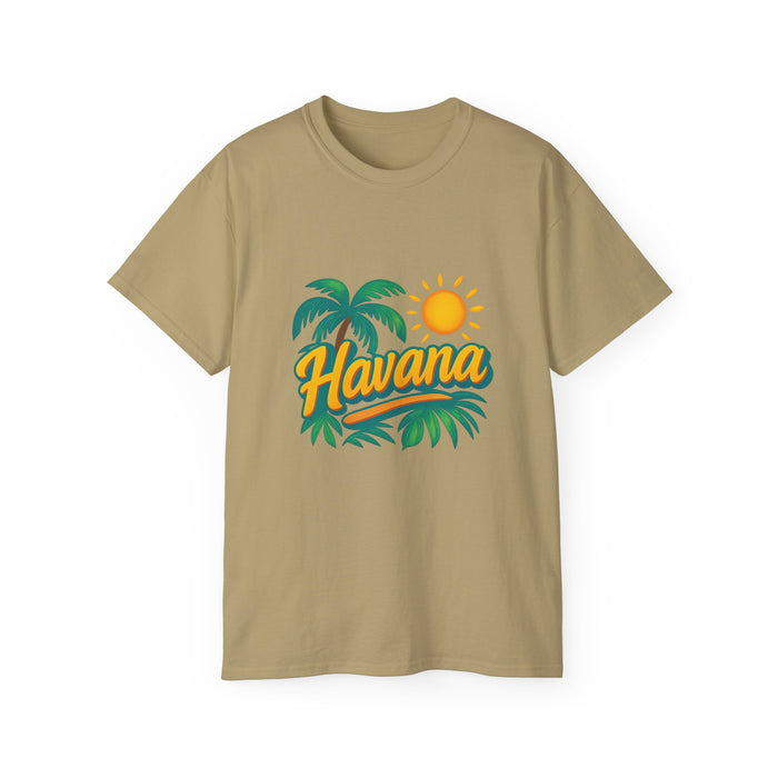 Beige t-shirt with 'Havana' design featuring palm trees and a sun on a white background