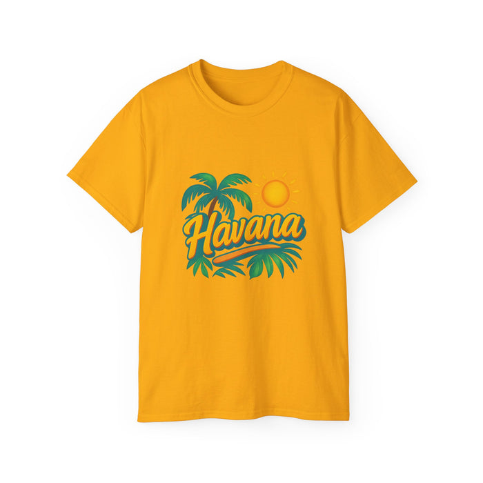 Yellow t-shirt with 'Havana' and palm tree design on a white background