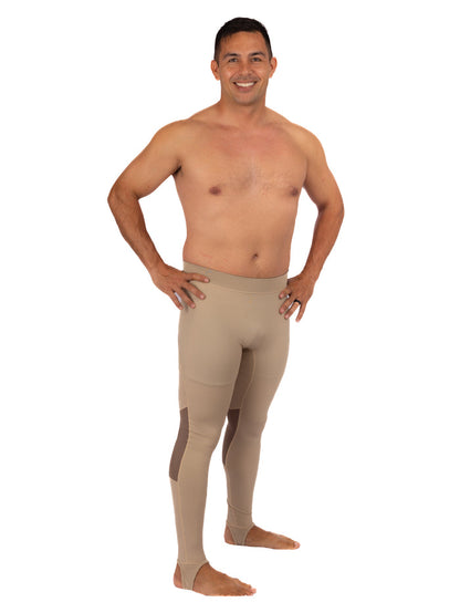 Smiling man wearing Waihana Tan Carvico Lycra leggings with contrast knee panels and ankle stirrups, shown from the front against a white background.