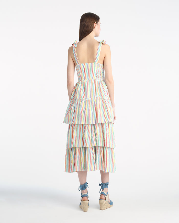 Taylor Tiered Midi Dress in Rainbow Stripes