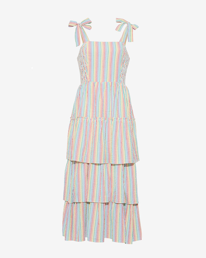 Taylor Tiered Midi Dress in Rainbow Stripes